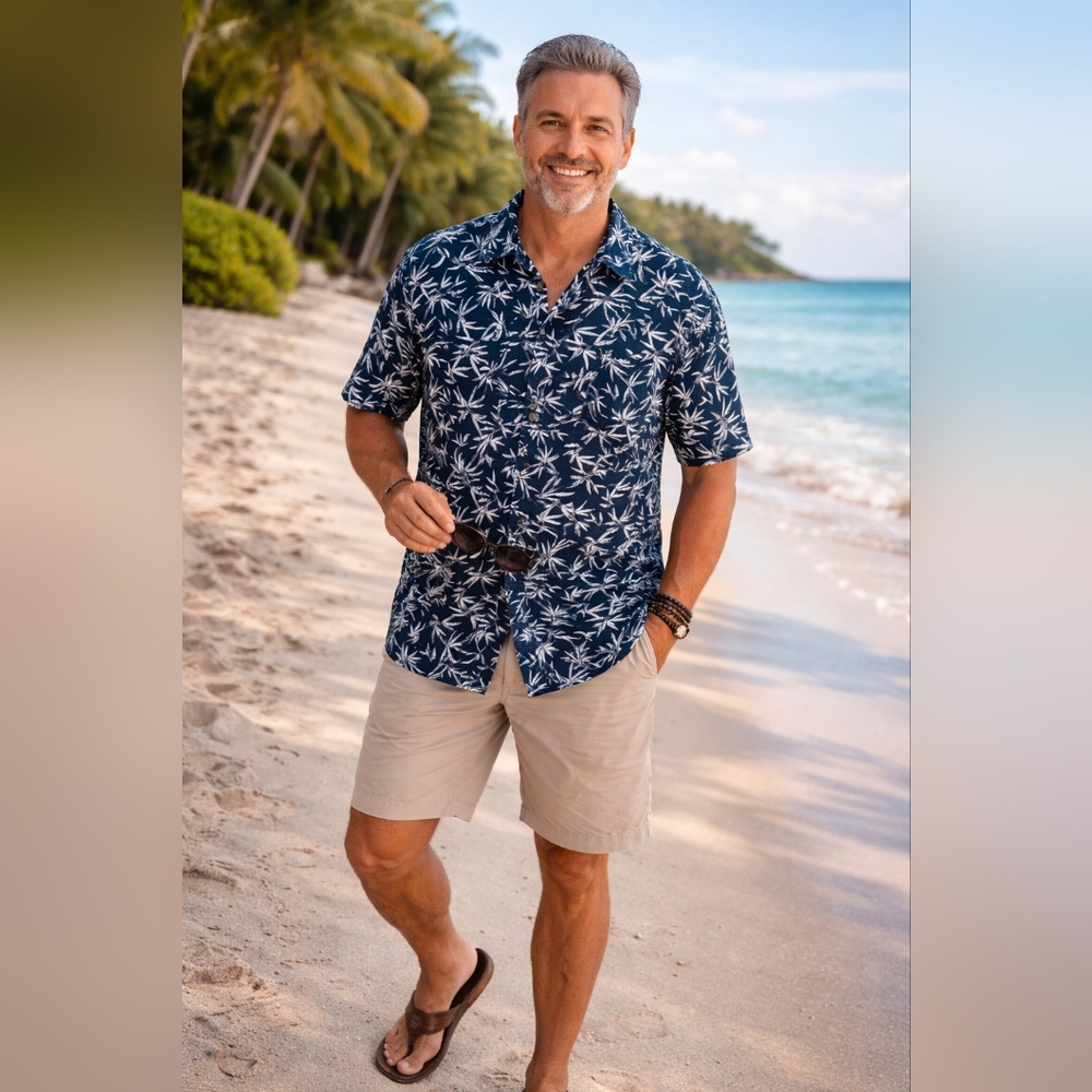 Michael Brandon Lightweight Navy Leaf Print Men's Short Sleeve Shirt, Size XXL